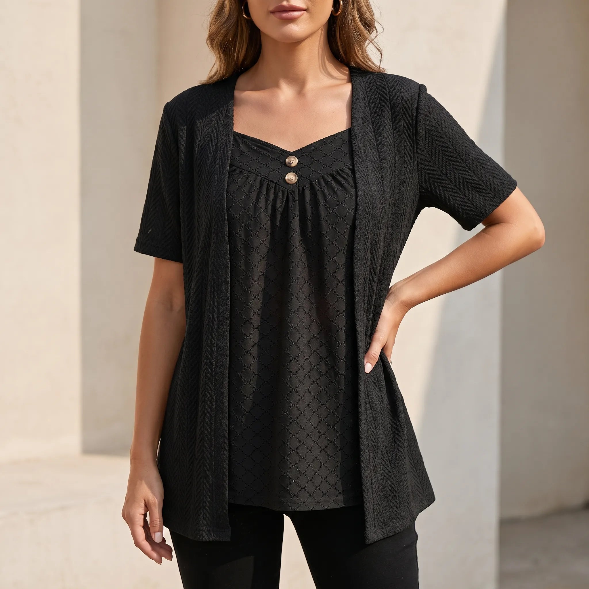 Blouse femme | Top à manches courtes avec gilet ouvert