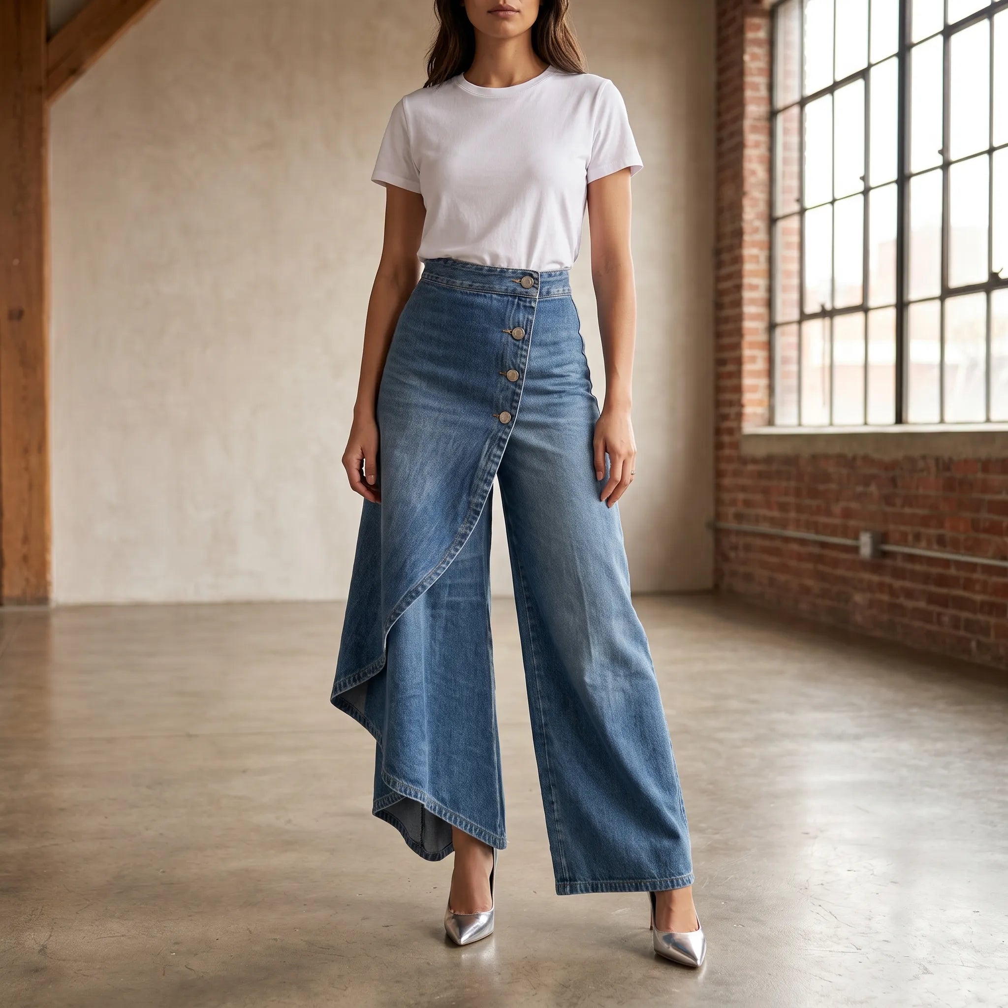 Pantalon large taille haute asymétrique | Sorties décontractées