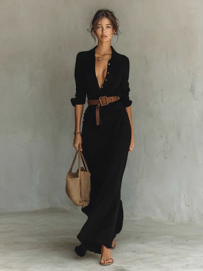 Robe femme | Robe longue avec col et ceinture
