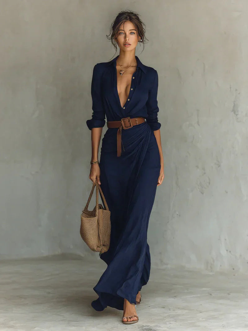 Robe femme | Robe longue avec col et ceinture