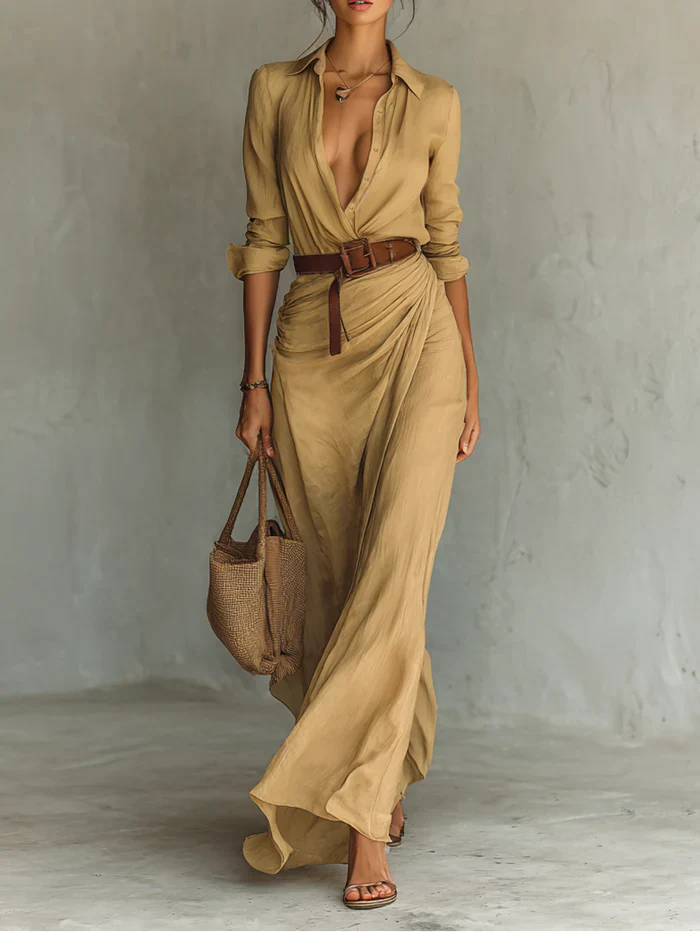 Robe femme | Robe longue avec col et ceinture
