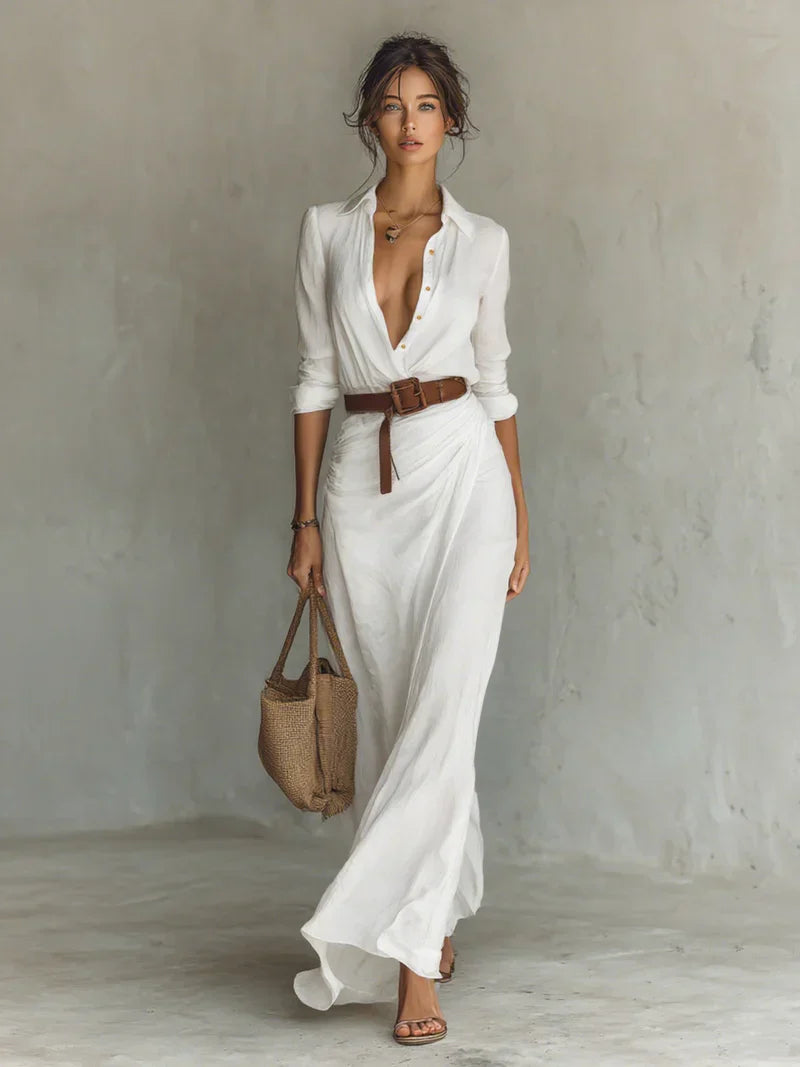 Robe femme | Robe longue avec col et ceinture